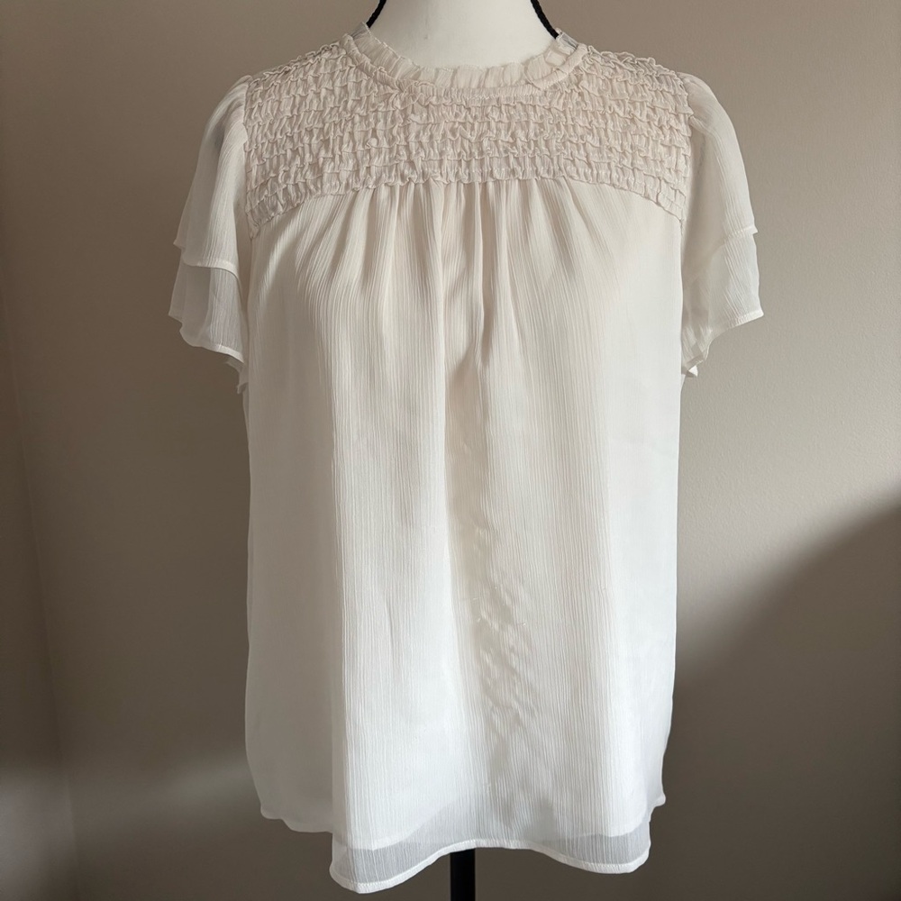 LOFT White Smocked Ruffled Blouse